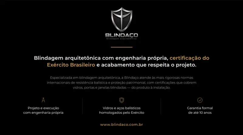 Slide institucional em fundo preto com o logo da Blindaço e três diferenciais com ícones dourados.