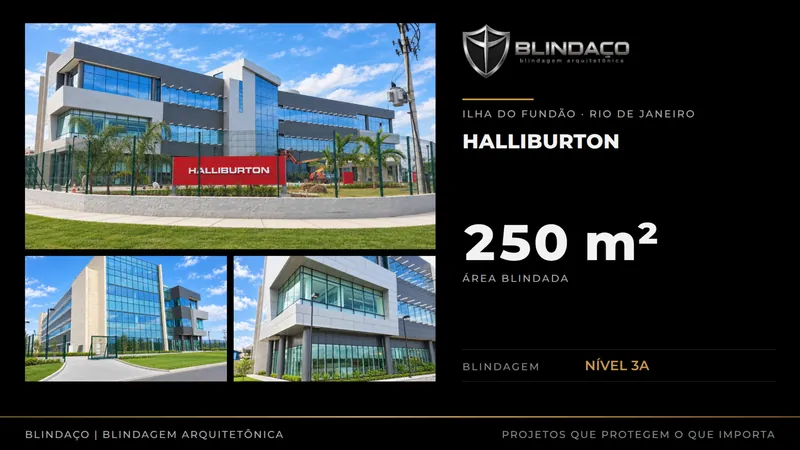 Slide de obra: três fotos tratadas de um edifício envidraçado, com o nome do projeto, a área blindada e o nível de blindagem.