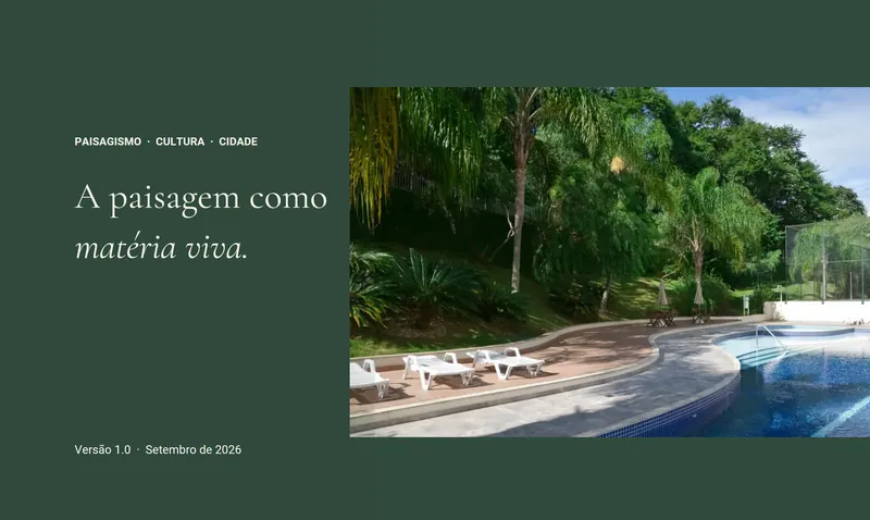 Capa do manual de identidade: A paisagem como matéria viva, em fundo verde, ao lado da foto de um jardim com piscina.