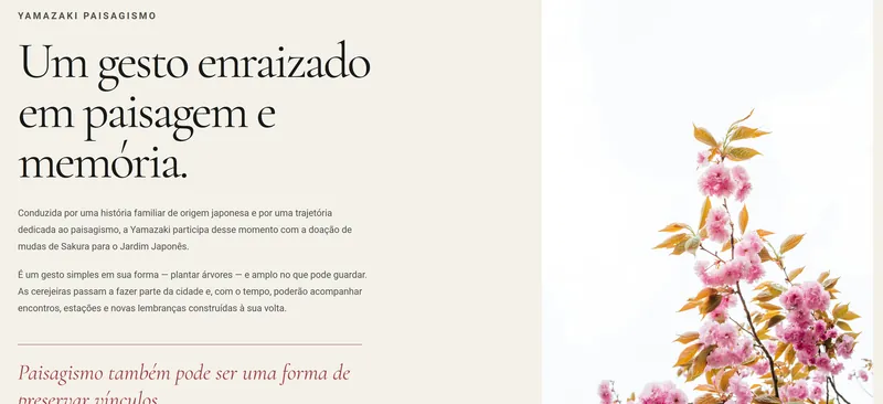 Seção da landing page com o título Um gesto enraizado em paisagem e memória e a foto de um galho de sakura.